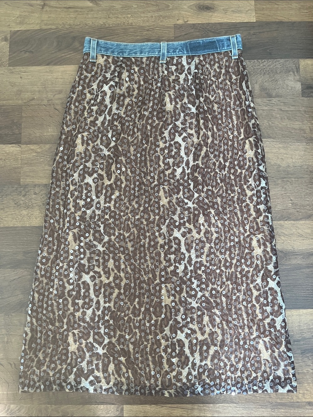 Vintage Cheetah Print Sequined Skirt With Denim Trim Lined  Maxou Size Small